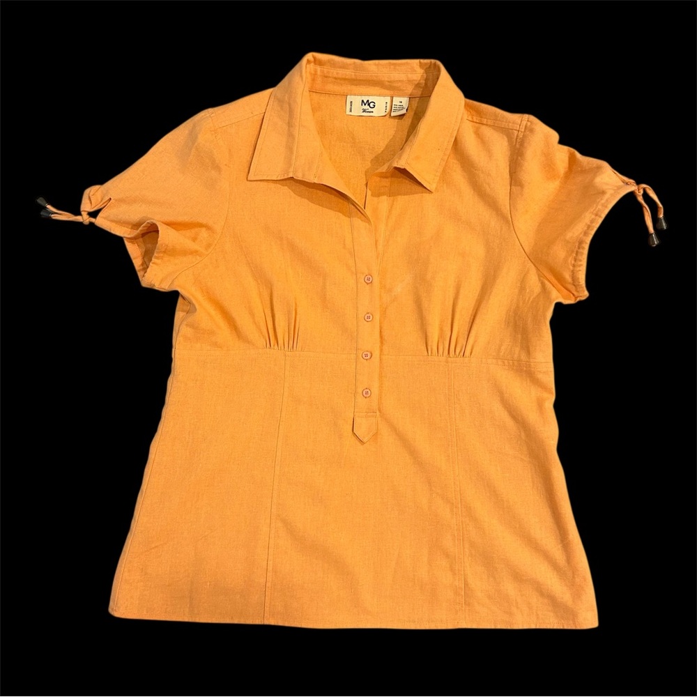 MG Women Linen Rayon Top Orange Button Front Drawstring Sleeve Resort wear Sz 16